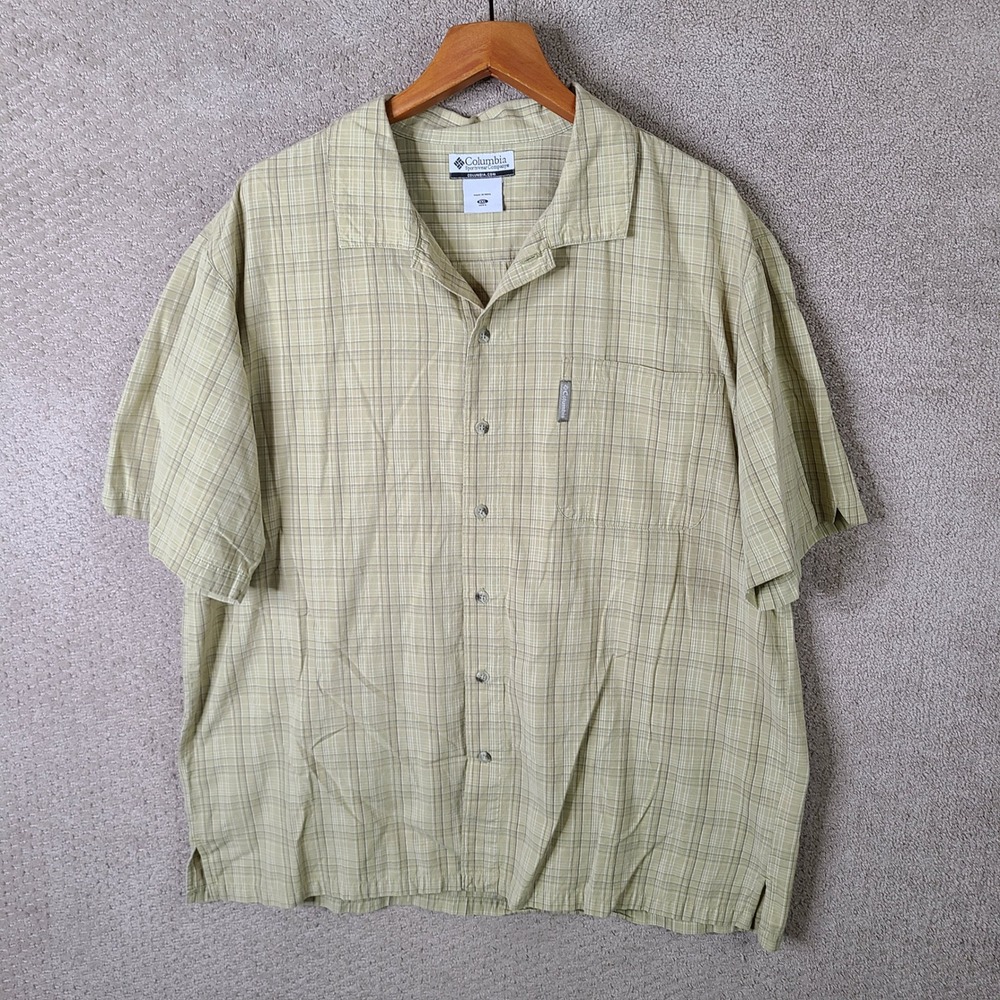 Columbia Shirt Men XXL Green Tan Plaid Short Sleeve Button Up Cotton Lightweight